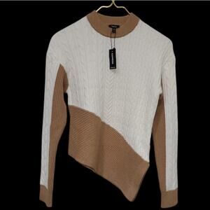 NWT Express Color Block Chunky Cable Knit Sweater XS Asymmetrical Hem Cream Tan